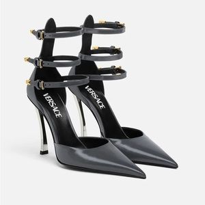 Versace Pin-Point Gray Leather Pumps Mixed Metal Stiletto Heels Buckle Straps